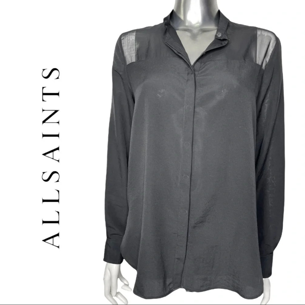 All Saints Joelle Shirt Black Sheer Long Sleeve Blouse Button Down Shirt Size 4